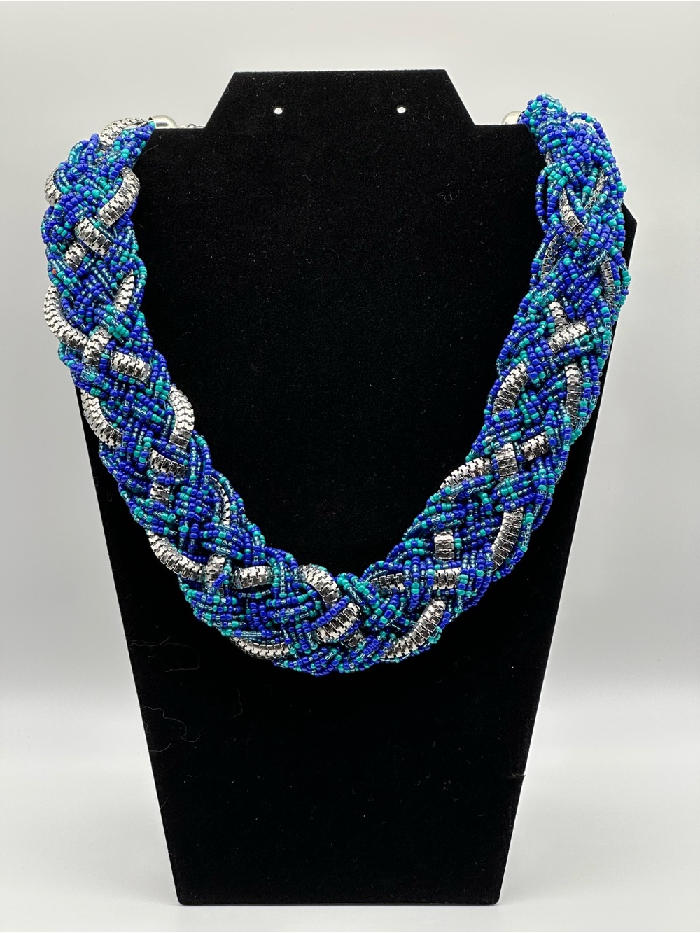 Blue Turquoise Silver Seed Bead Braided Statement Necklace